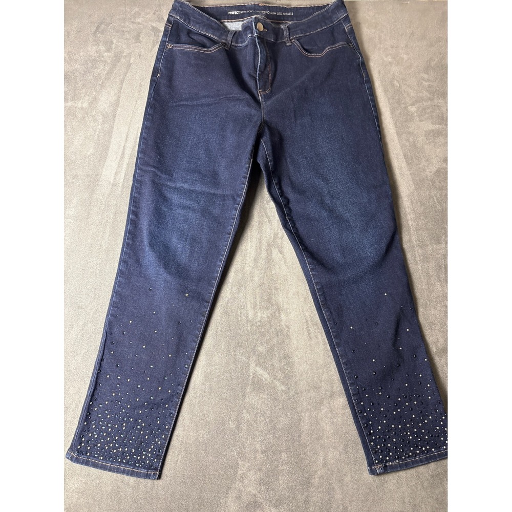 Stretch Rhinestone Slim Leg Ankle Jeans Dark Wash - Picture 2 of 7